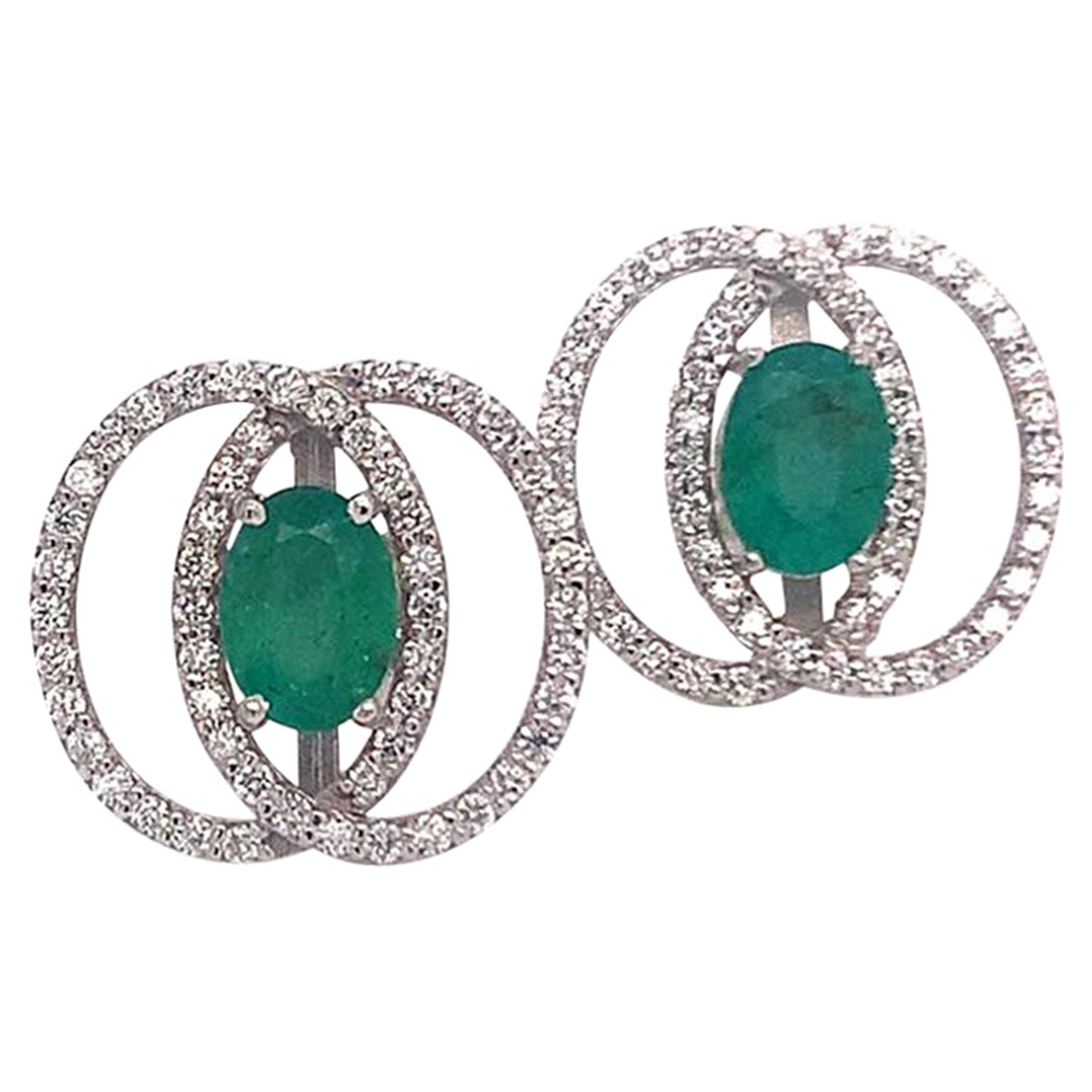 Diamond Emerald Earrings 14k White Gold 2.16 TCW Certified For Sale