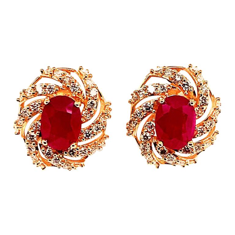 Diamond Ruby Earrings 14 Karat Yellow Gold 3.64 TCW Certified For Sale