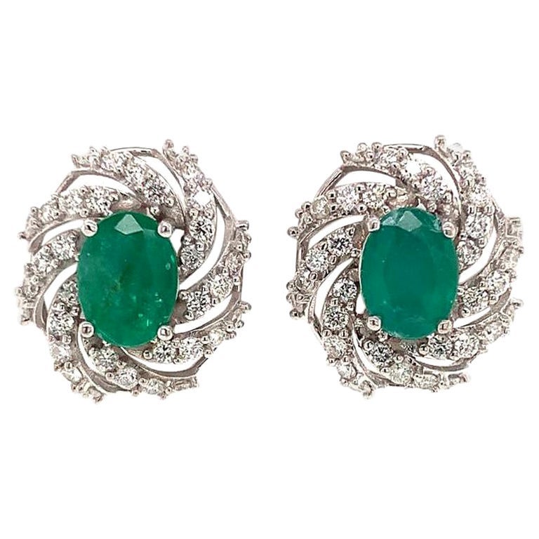 Diamond Emerald Earrings 14 Karat White Gold 4.05 TCW Certified For Sale
