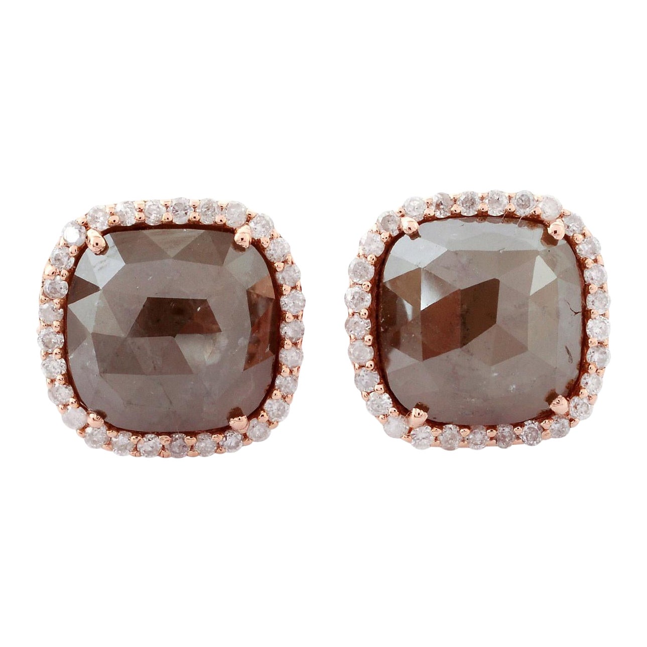 Cushion Cut Ice Diamond Stud Earrings with Pave Diamonds Made in 18k Rose Gold For Sale