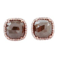 Cushion Cut Ice Diamond Stud Earrings with Pave Diamonds Made in 18k Rose Gold