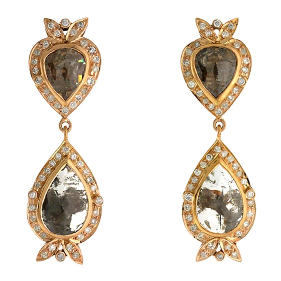 Pear Shaped Sliced Ice Diamonds Earrings with Pave Diamonds in 18k Yellow Gold For Sale