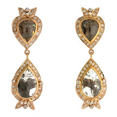Pear Shaped Sliced Ice Diamonds Earrings with Pave Diamonds in 18k Yellow Gold