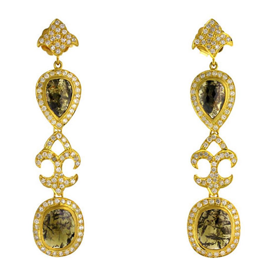 Sliced Pear & Oval Shaped Diamond Earrings with Pave Diamonds in 18k Yellow Gold For Sale