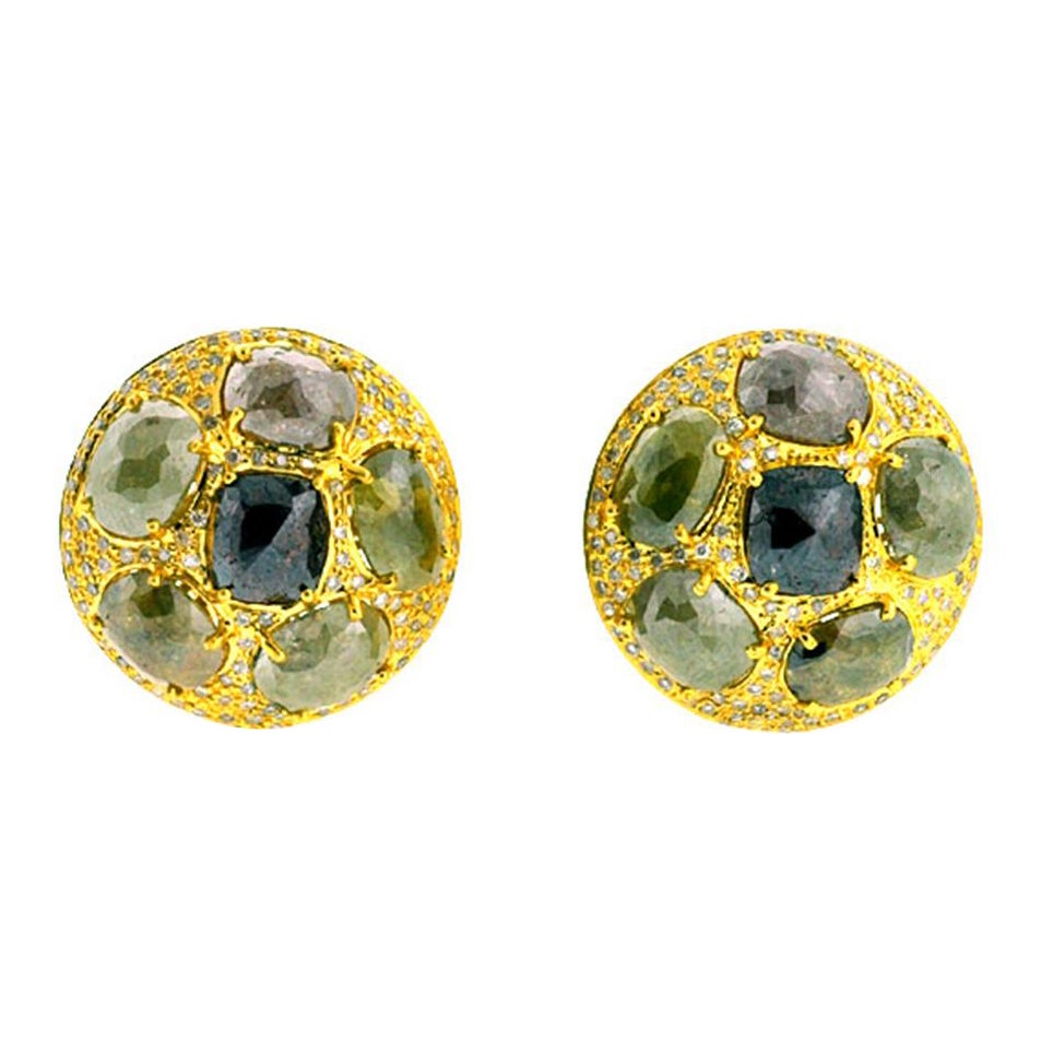 Fancy Shaped Sliced Ice Diamonds Stud Earrings Made in 18k Yellow Gold