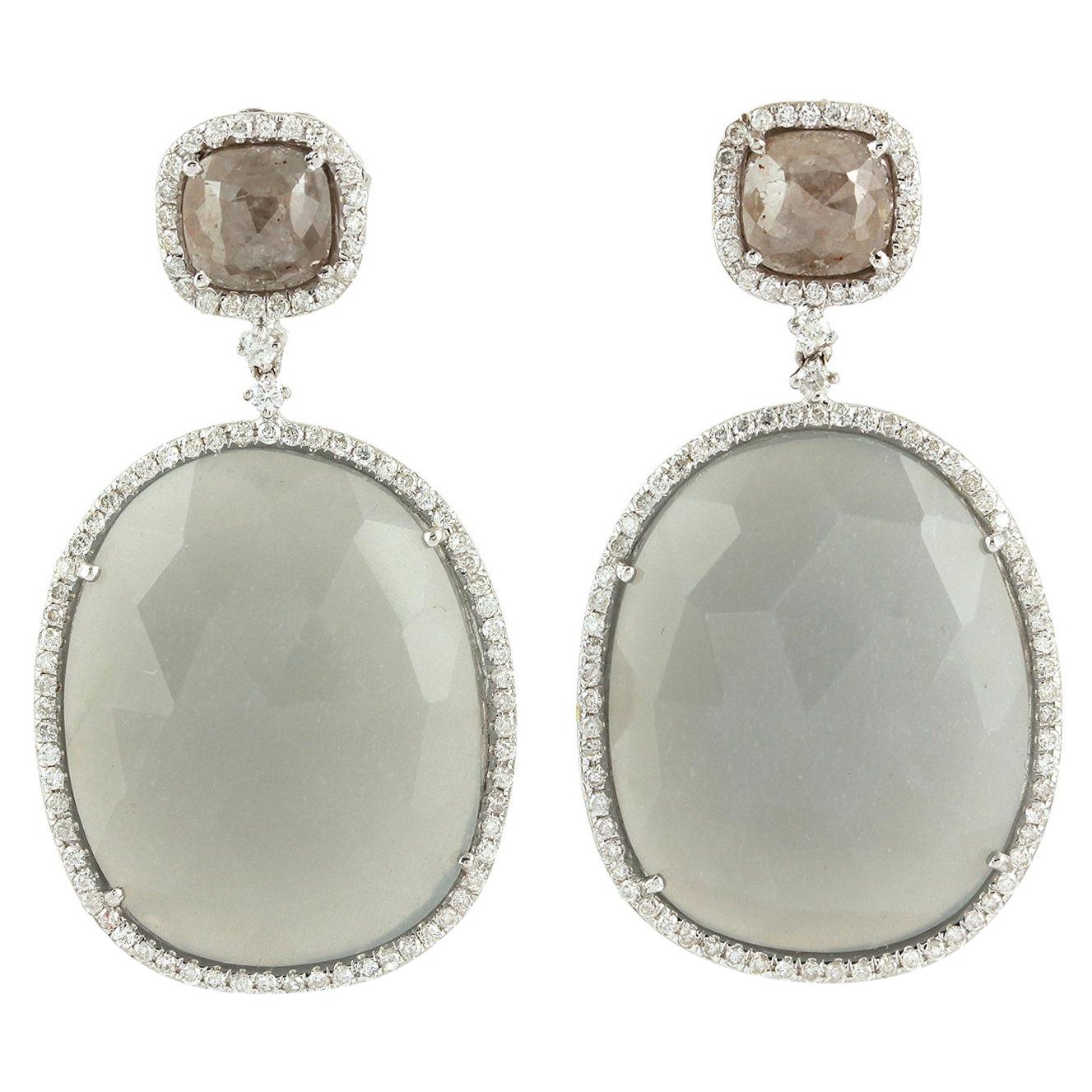 Oval Shaped Moonstone Earrings with Ice Diamond & Pave Diamond in 18k White Gold For Sale