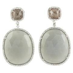 Oval Shaped Moonstone Earrings with Ice Diamond & Pave Diamond in 18k White Gold