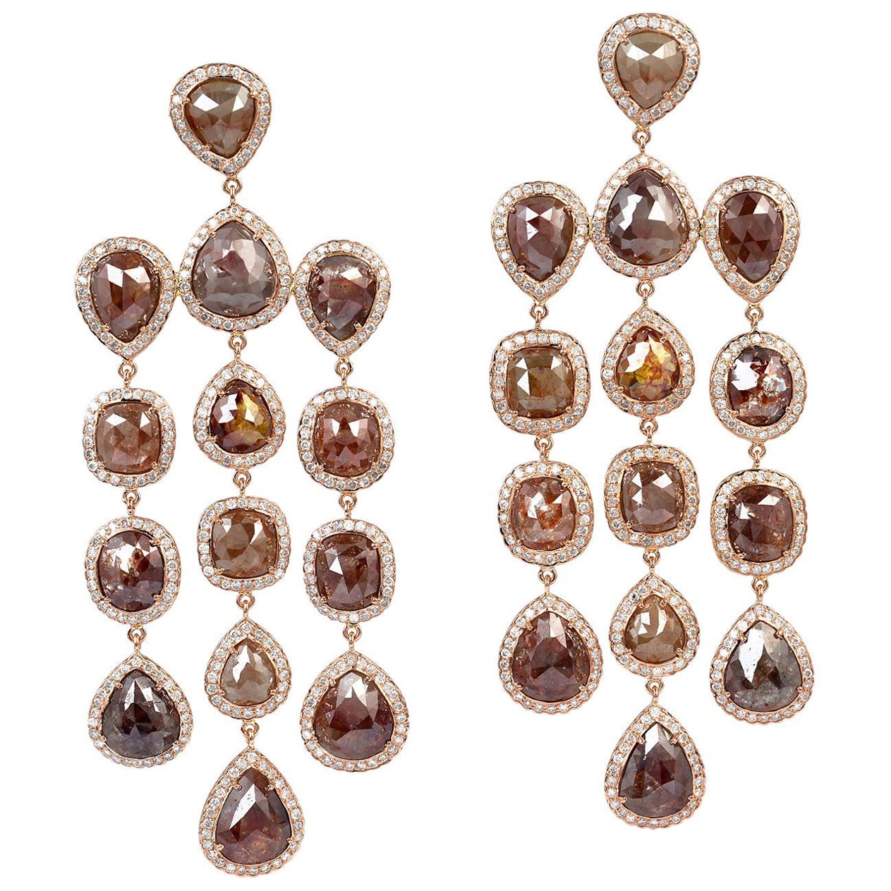 3 Layer Mix Shaped Ice Diamond Chandelier Earrings Made in 18k Rose Gold For Sale
