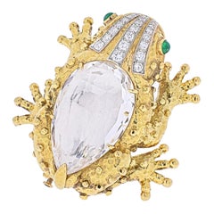 David Webb Platinum & 18k Yellow Gold Rock Crystal Frog Brooch