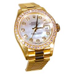 Rolex Lady's Yellow Gold Mother-of-Pearl Diamond President Automatic Wristwatch