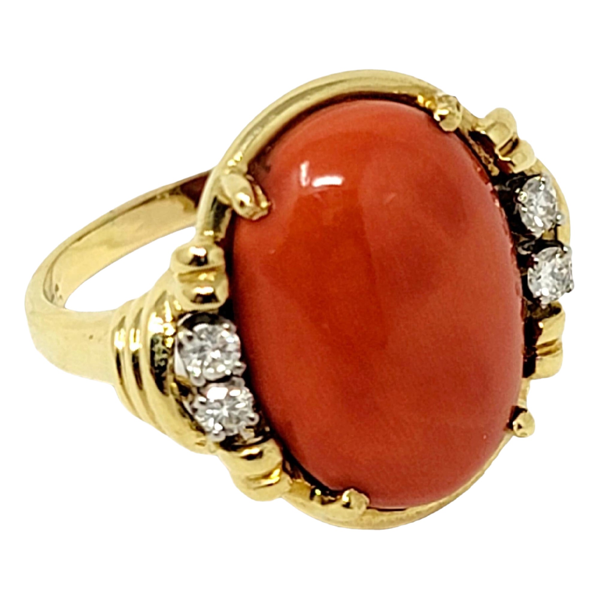 Vintage Oval Coral and Diamond Cocktail Ring 18 Karat Gold 8.42 Carat Total For Sale