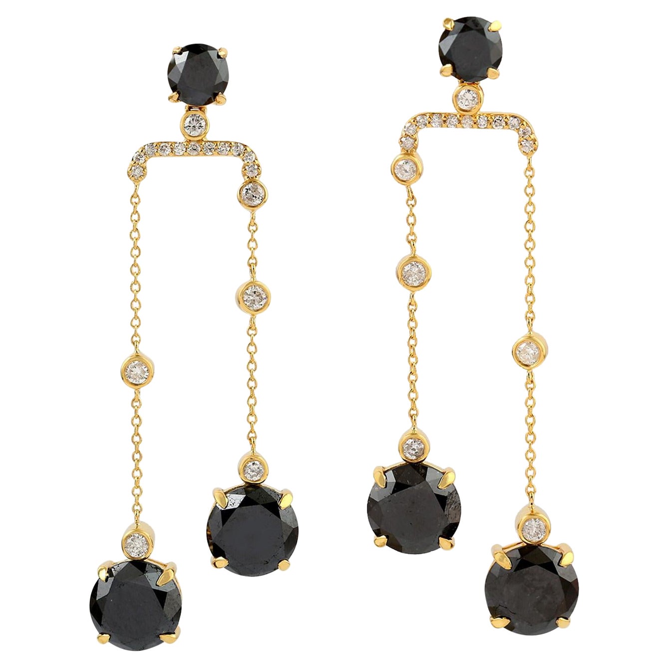 Black Diamond Dangle Earrings Made in 18k Yellow Gold For Sale