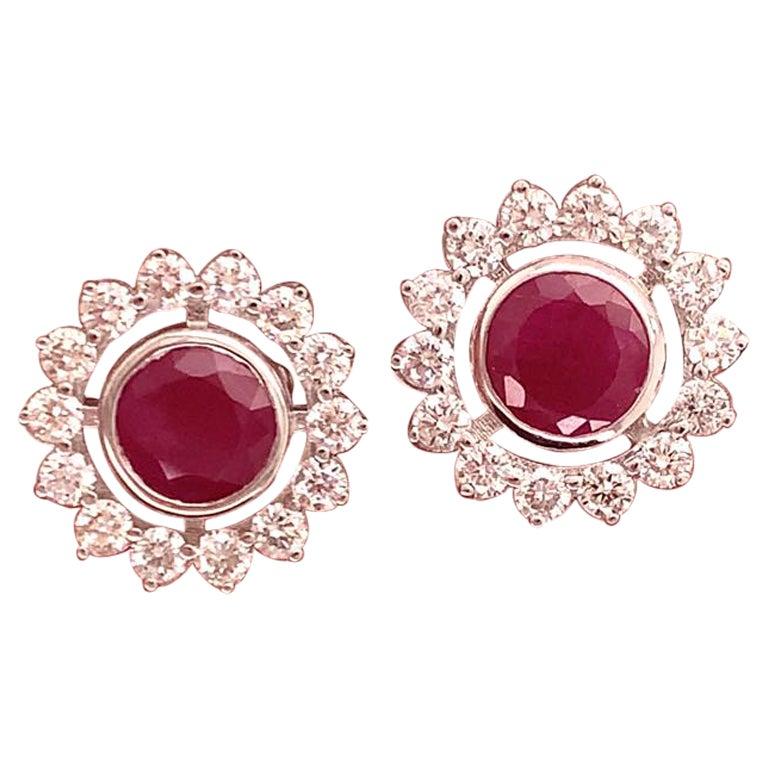 Diamond Ruby Earrings 14k Gold 2.07 TCW Certified For Sale