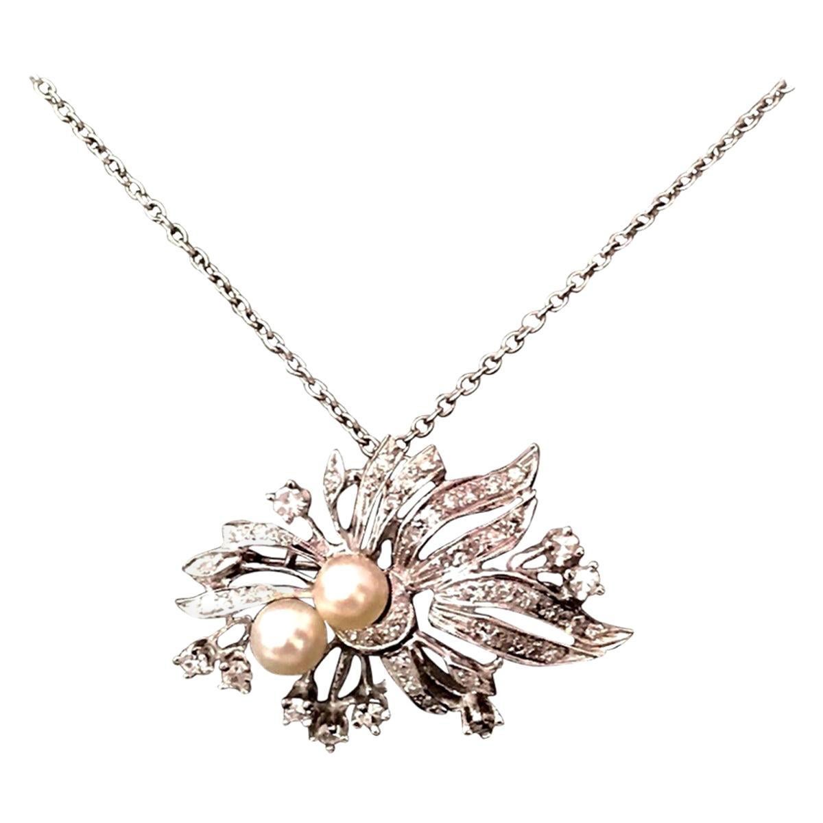 Collier broche Akoya en or 14 carats avec pendentif en diamants et perles, certifié Italie en vente