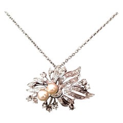 Collier broche Akoya en or 14 carats avec pendentif en diamants et perles, certifié Italie