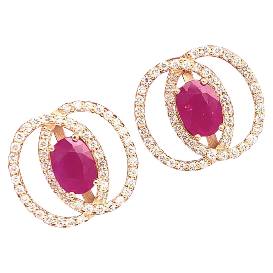 Diamond Ruby Stud Earrings 14 Karat Yellow Gold 2.41 TCW Certified For Sale