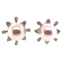 Diamant-Diamant- Akoya-Perlen-Ohrringe 14 Karat Weißgold zertifiziert