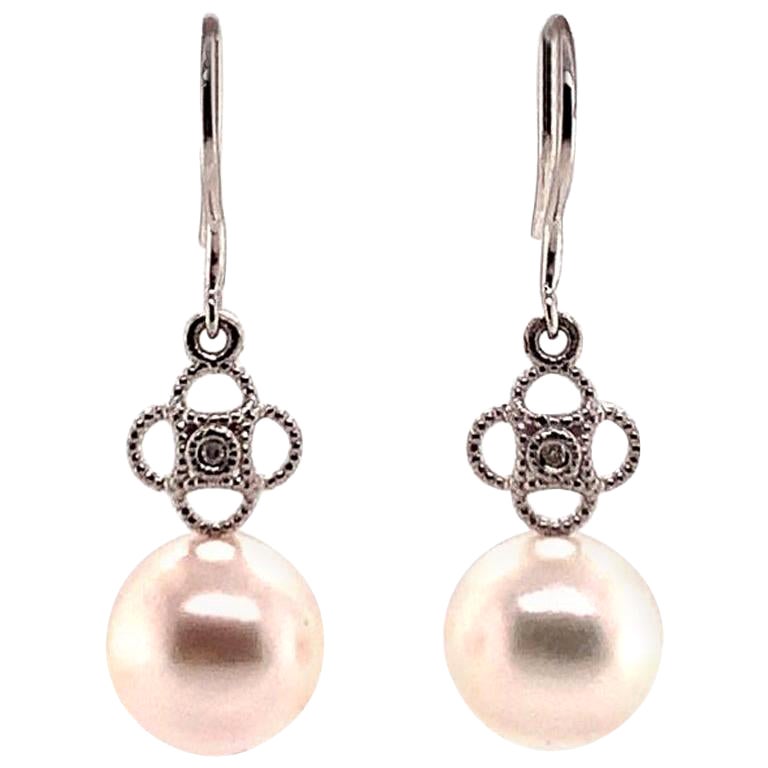 Diamant-Diamant- Akoya-Perlen-Ohrringe 14 Karat Weißgold zertifiziert im Angebot