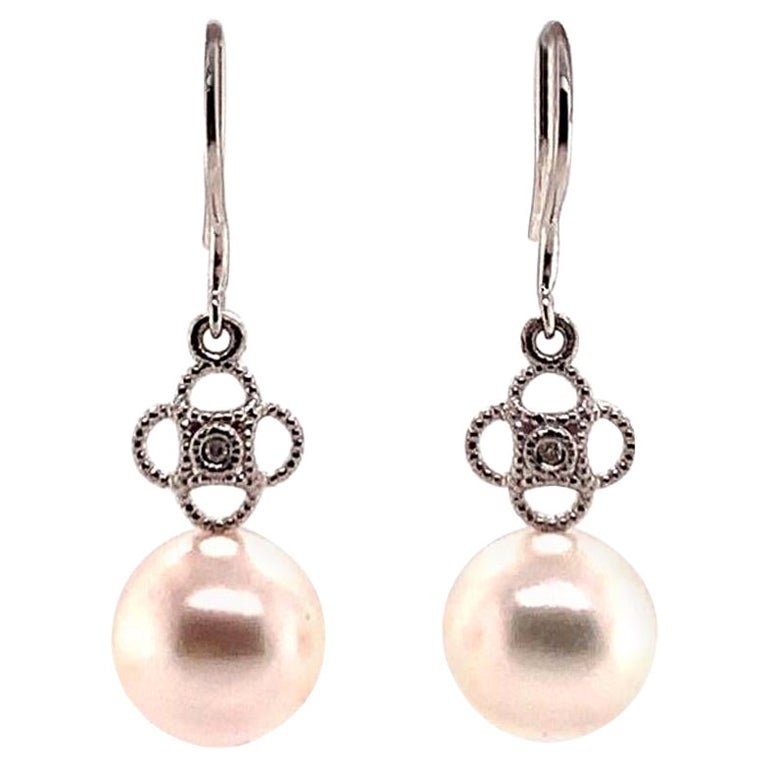 Diamond Akoya Pearl Earrings 14 Karat White Gold Certified