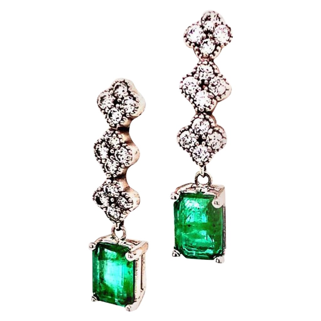 Emerald Diamond Earring 14k White Gold 2.13 TCW Certified For Sale