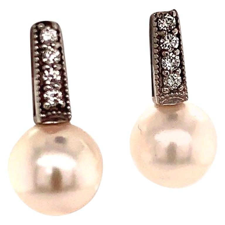Diamond Akoya Pearl Earrings 14k White Gold Certified For Sale
