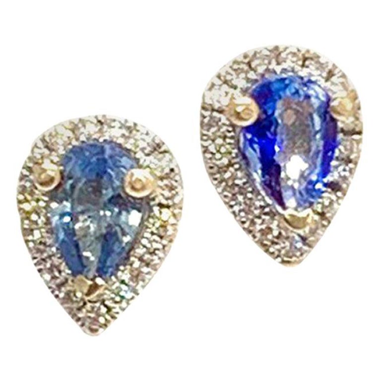 Diamond Sapphire Earrings 18k White Gold Stud 0.60 TCW Certified For Sale