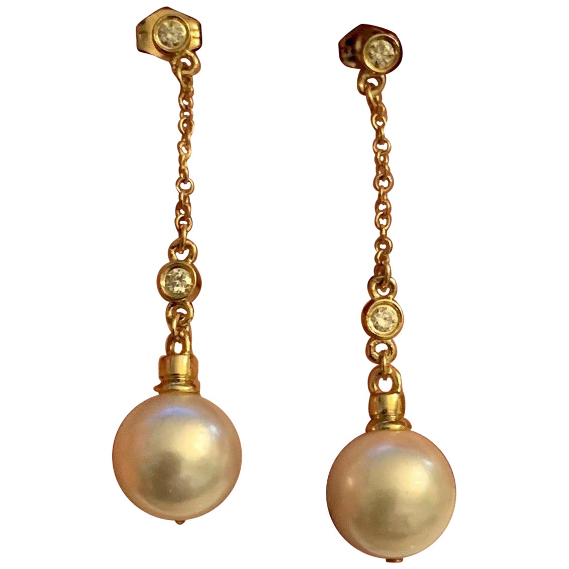 Diamant-Diamant- Akoya-Perlen-Ohrringe 14k Gelbgold 0,12 TCW Frauen zertifiziert