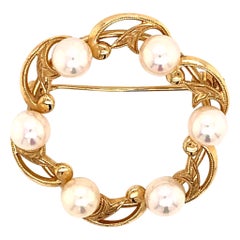 Retro Mikimoto Estate Brooch Pin with Pearls 14k Gold 7.83 Grams