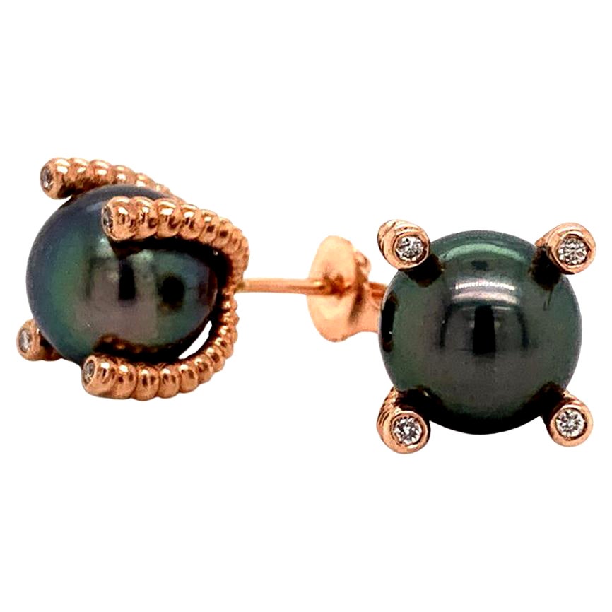 Diamond Large Tahitian Pearl Earrings 14k Rose Gold Certified For Sale