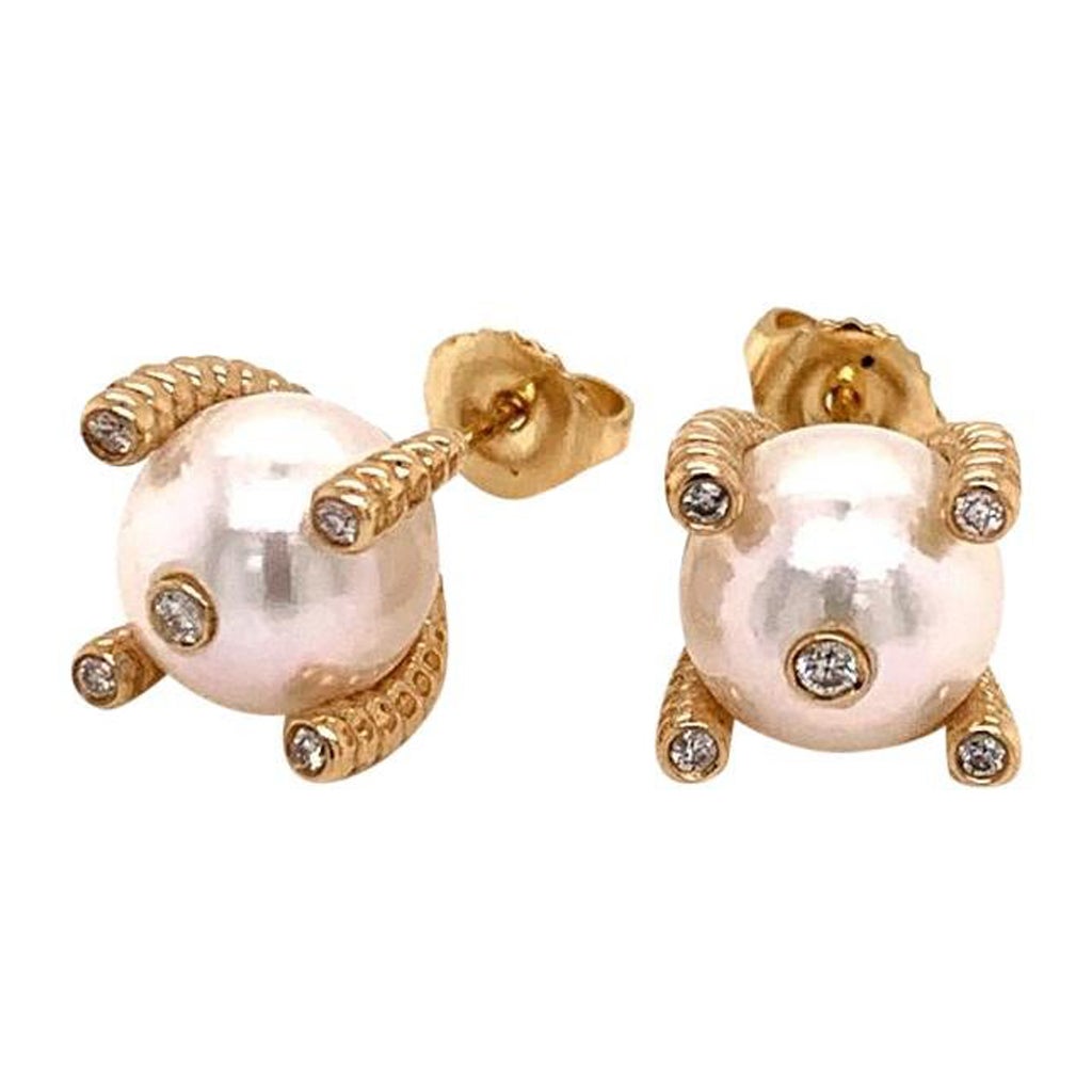 Boucles d'oreilles en or jaune 14 carats avec grande perle Akoya et diamants certifiés