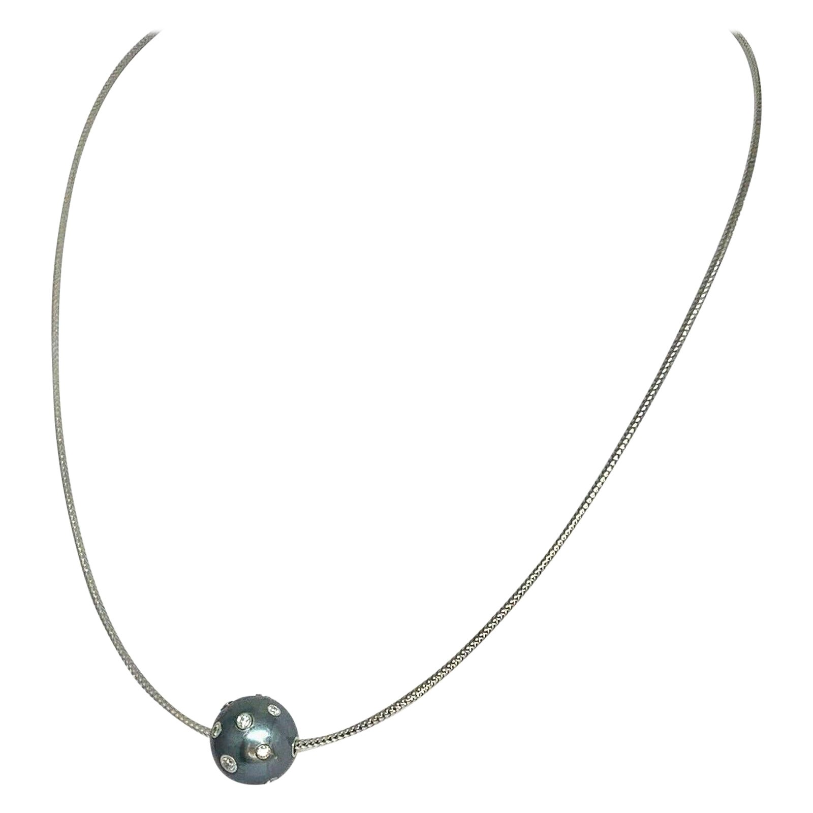 Diamond Tahitian South Sea Pearl Necklace 0.5 TCW 14k Gold Certified