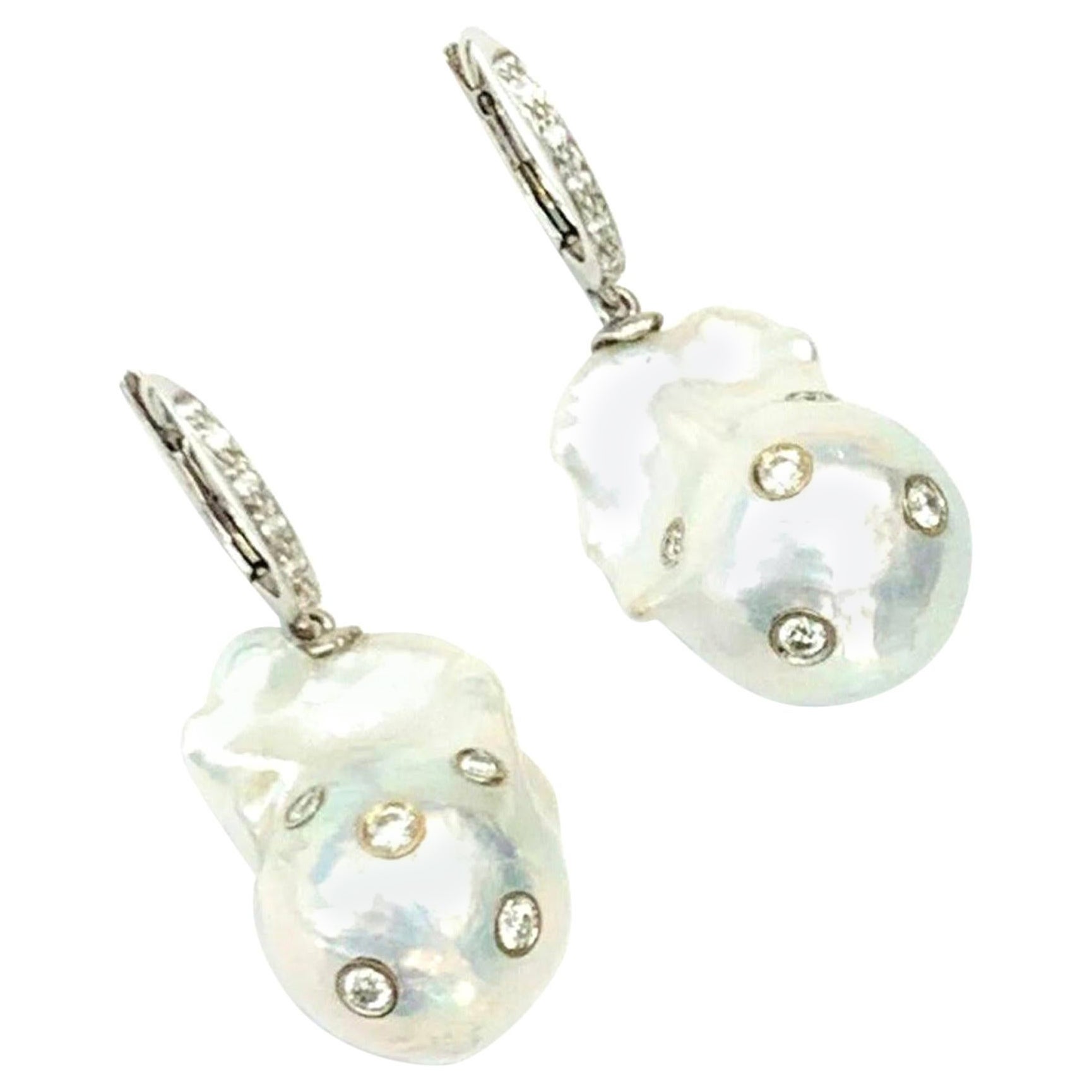 Diamond Fresh Water Pearl Earrings 14k Gold Large Certified For Sale