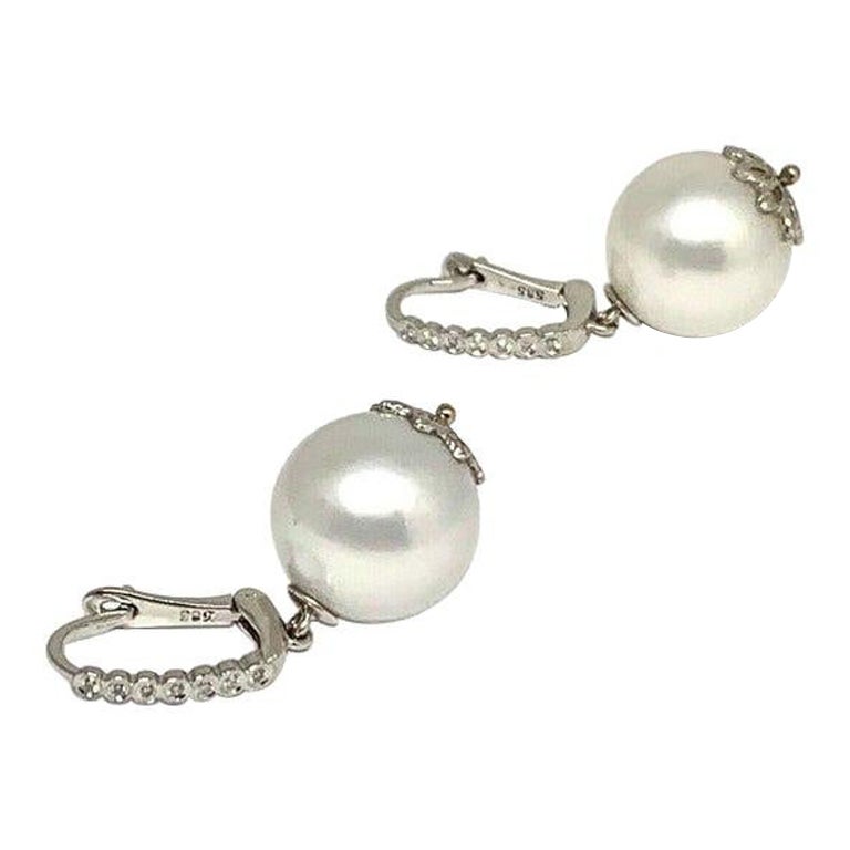 Diamond Large South Sea Pearl Earrings 14k Gold Certified For Sale