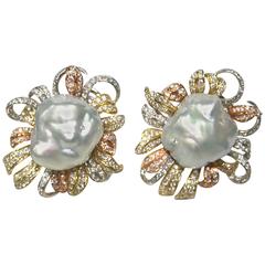 Baroque South Sea Pearl Diamond Gold Earrings