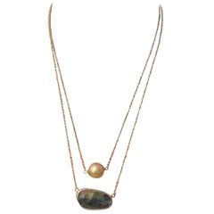 Golden South Sea Pearl Sapphire Necklace 14 Karat Gold Certified