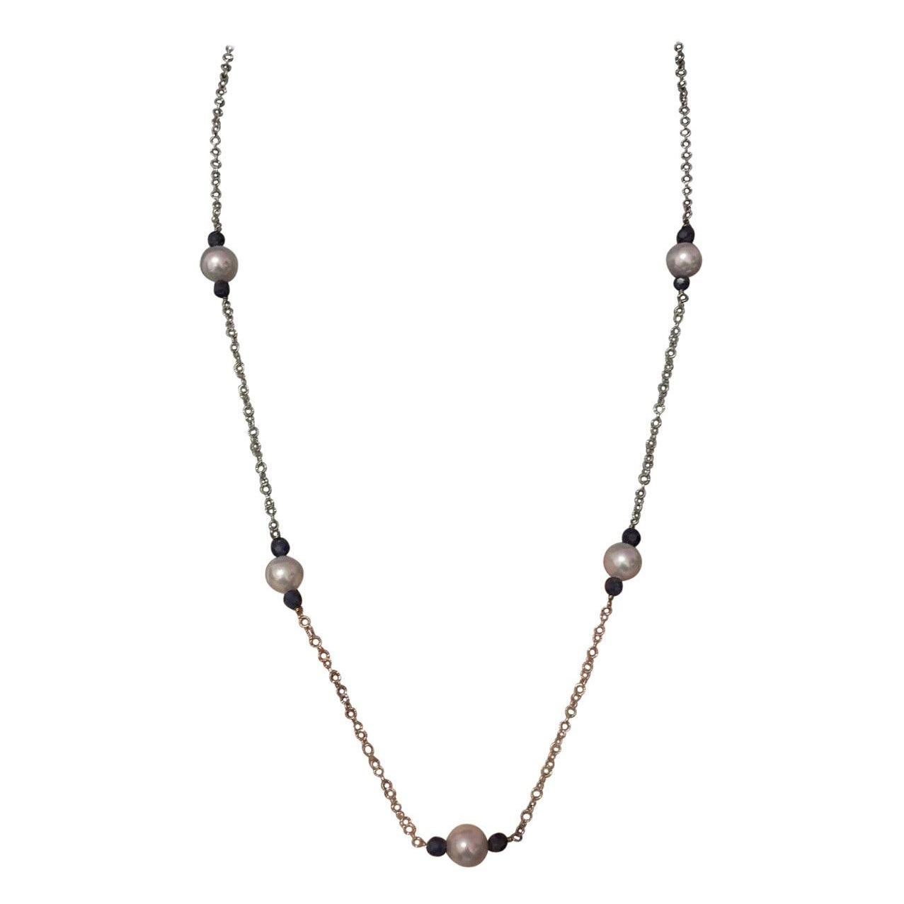 Akoya Pearl Sapphire Necklace 14 Karat Gold Certified For Sale