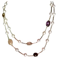 Collier en or 14 carats avec perles, quartz et topaze, certifié Italie