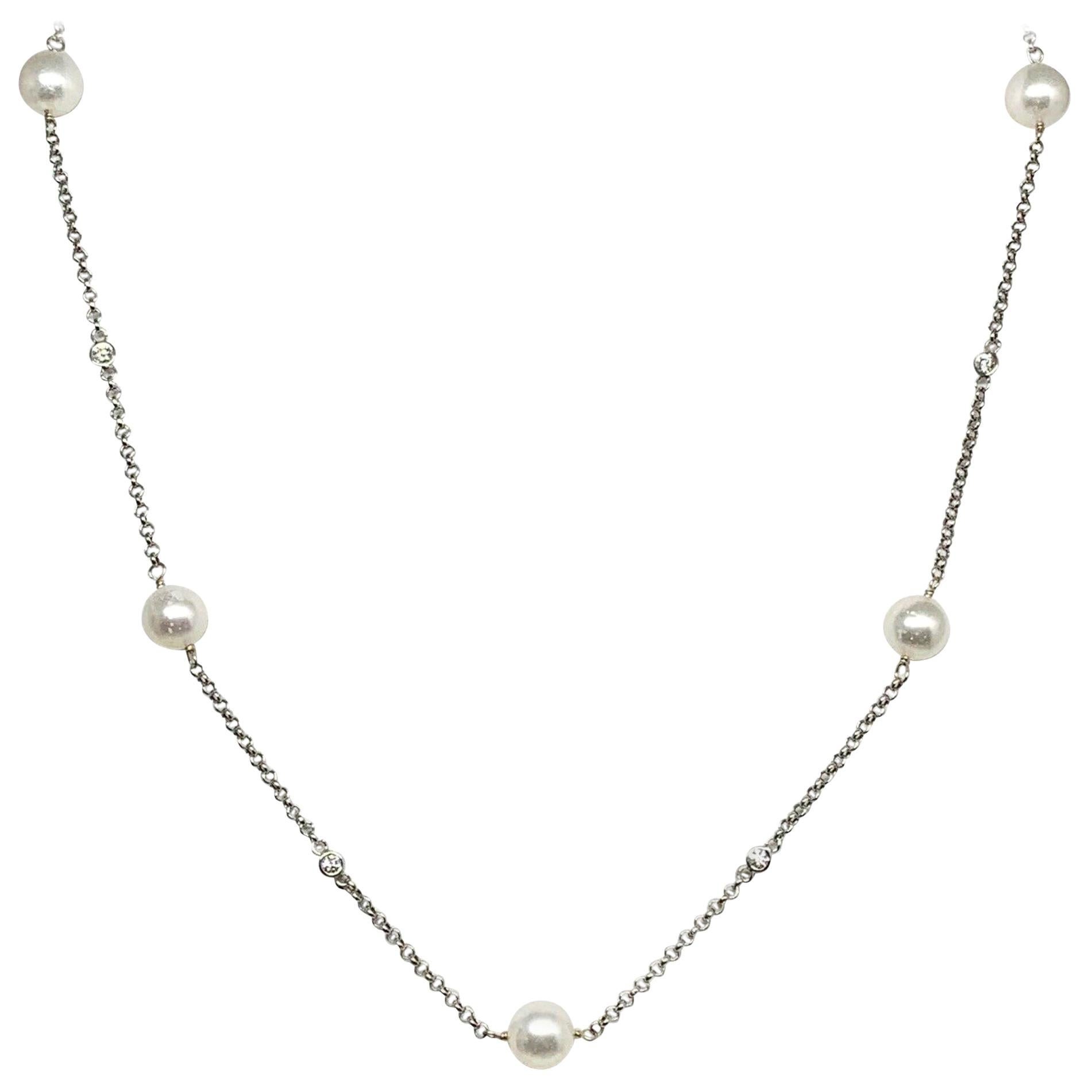 Diamond Akoya Pearl Necklace 14 Karat Gold Certified