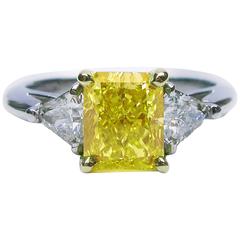 1.74 Carat GIA Cert Fancy Vivid Radiant Diamond Gold Ring 1