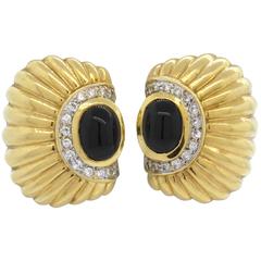1980s Onyx Diamond Gold Shell Motif Earrings