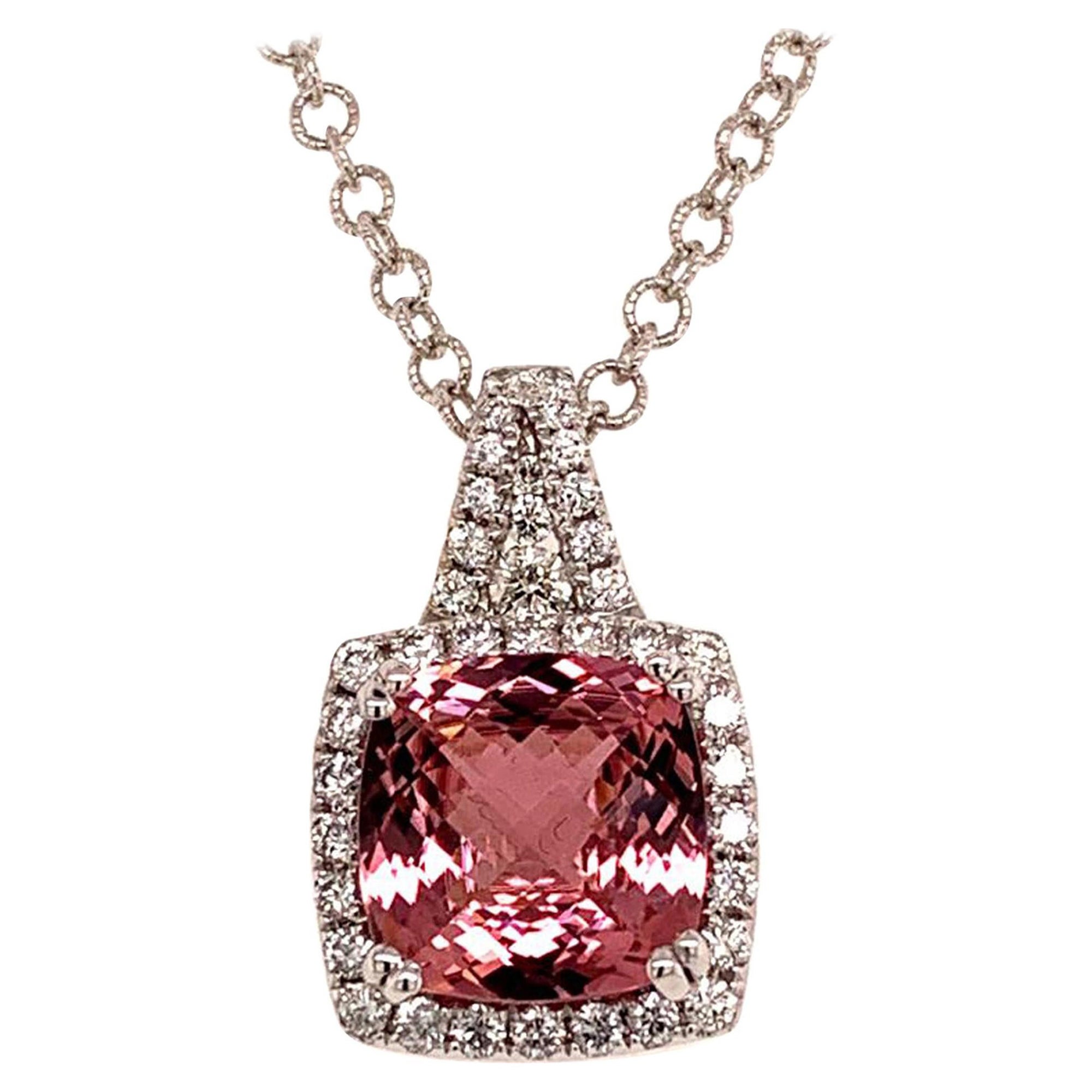 Diamond Rubellite Tourmaline Necklace 5.47 TCW 18k Gold Certified For Sale