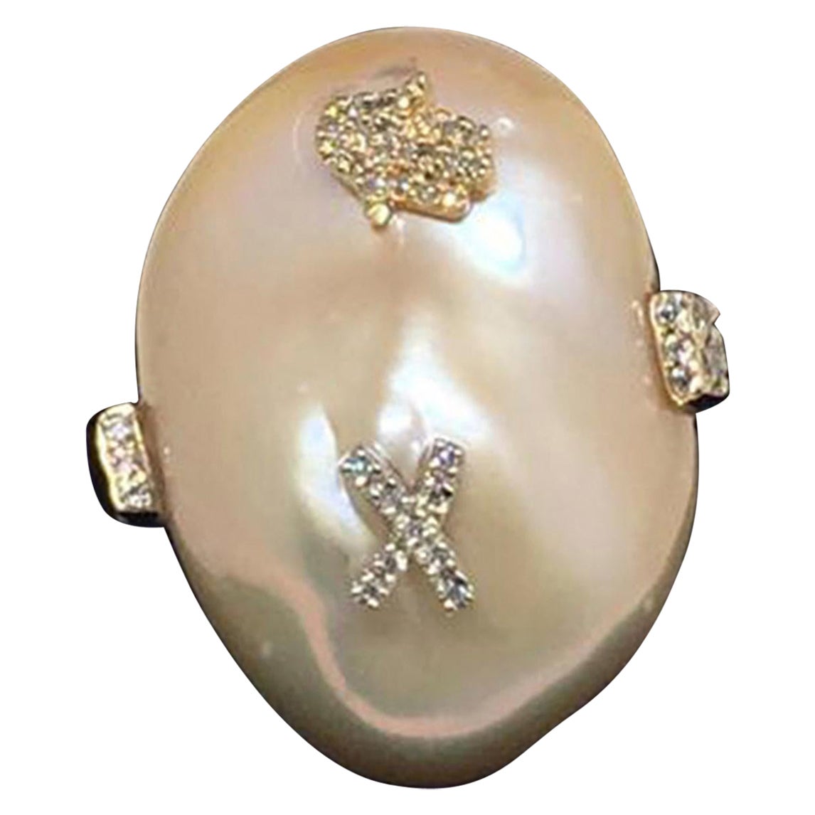 Diamond Freshwater Pearl Ring 14Karat Gold Baroque Women 33.45 mm Certified For Sale