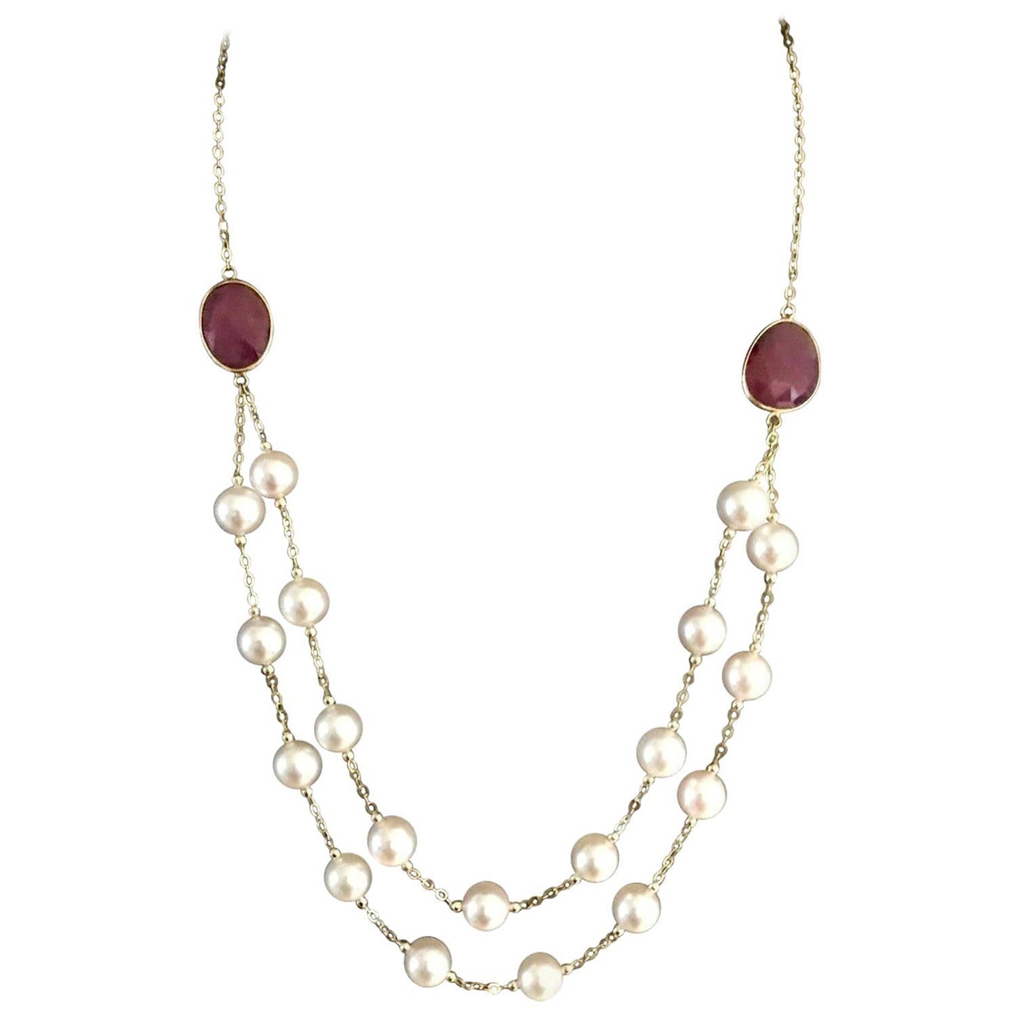 Akoya Pearl Ruby Necklace 14k Gold Certified For Sale