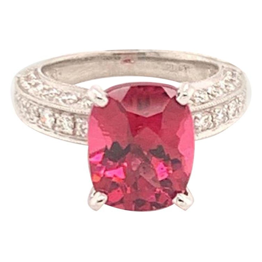 Diamond Tourmaline Rubellite Ring 3 Platinum 3.72 TCW Certified For Sale