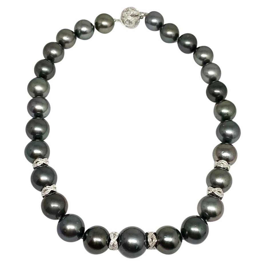 Diamond Tahitian Pearl 14k Gold Necklace Certified For Sale