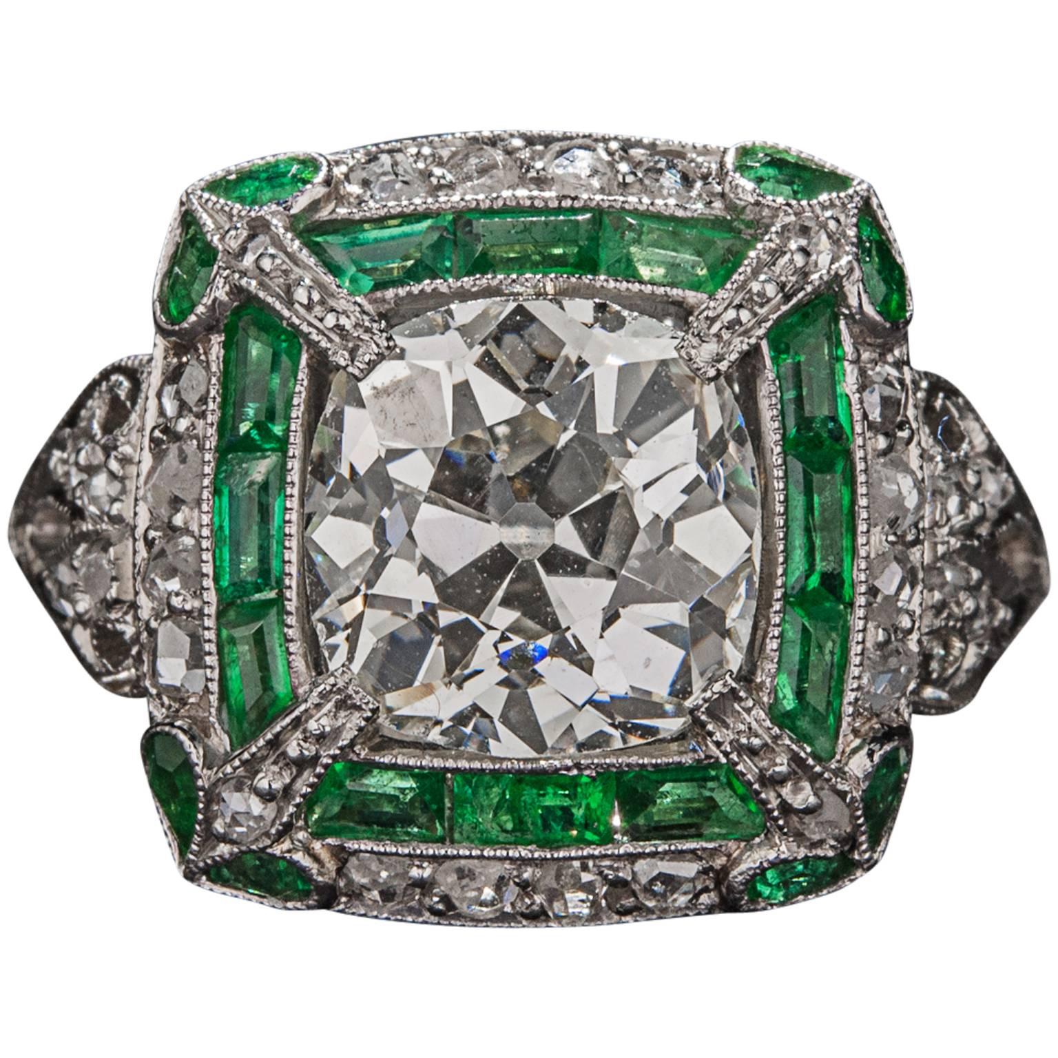 2.50 Carat Diamond and Emerald Ring For Sale
