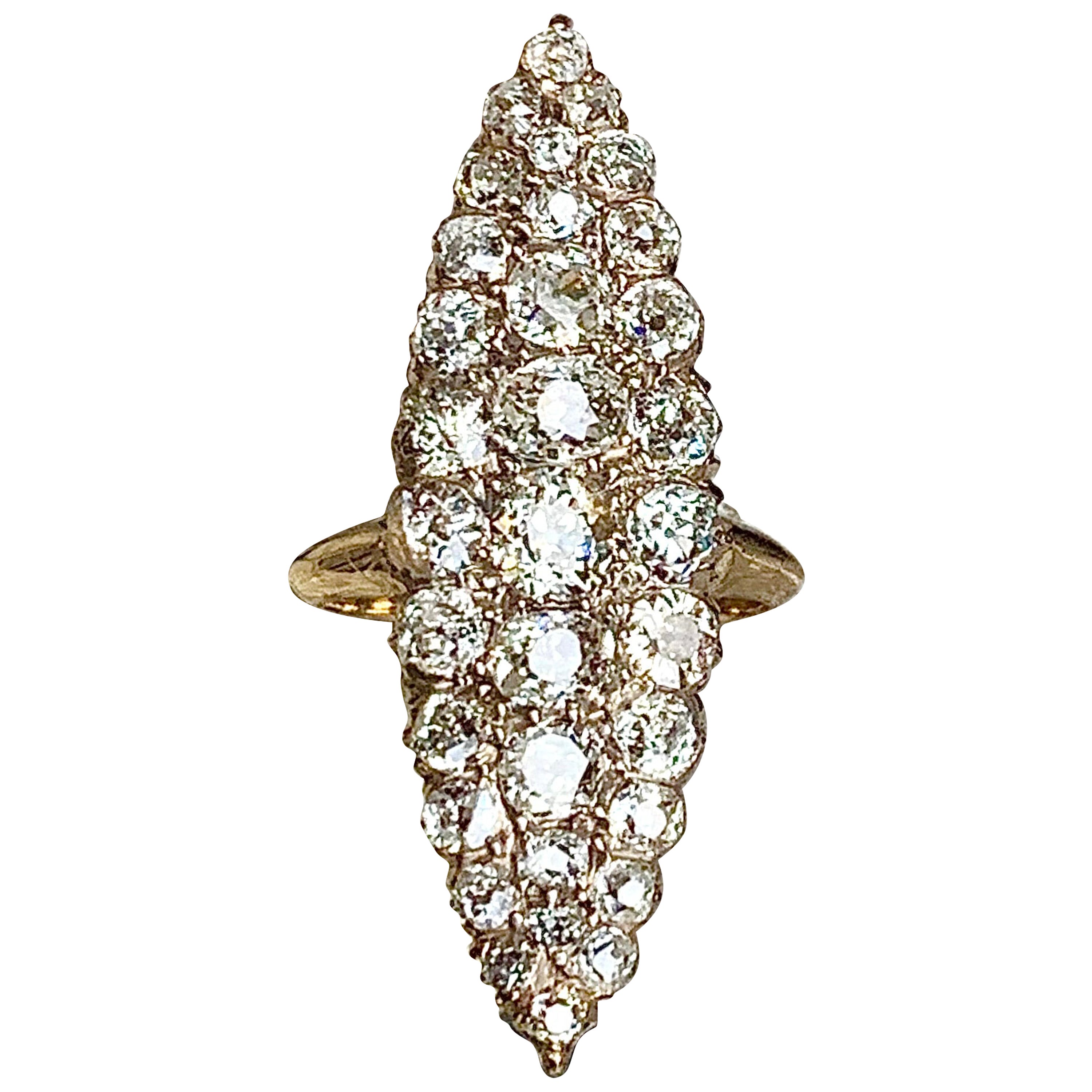Antique 1870 Victorian Navette Shaped Diamond Statement Ring 18 Karat Rose Gold For Sale