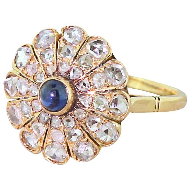 Edwardian Cabochon Sapphire and Rose Cut Diamond Cluster Ring at 1stDibs