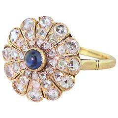 Edwardian Cabochon Sapphire & Rose Cut Diamond Cluster Ring