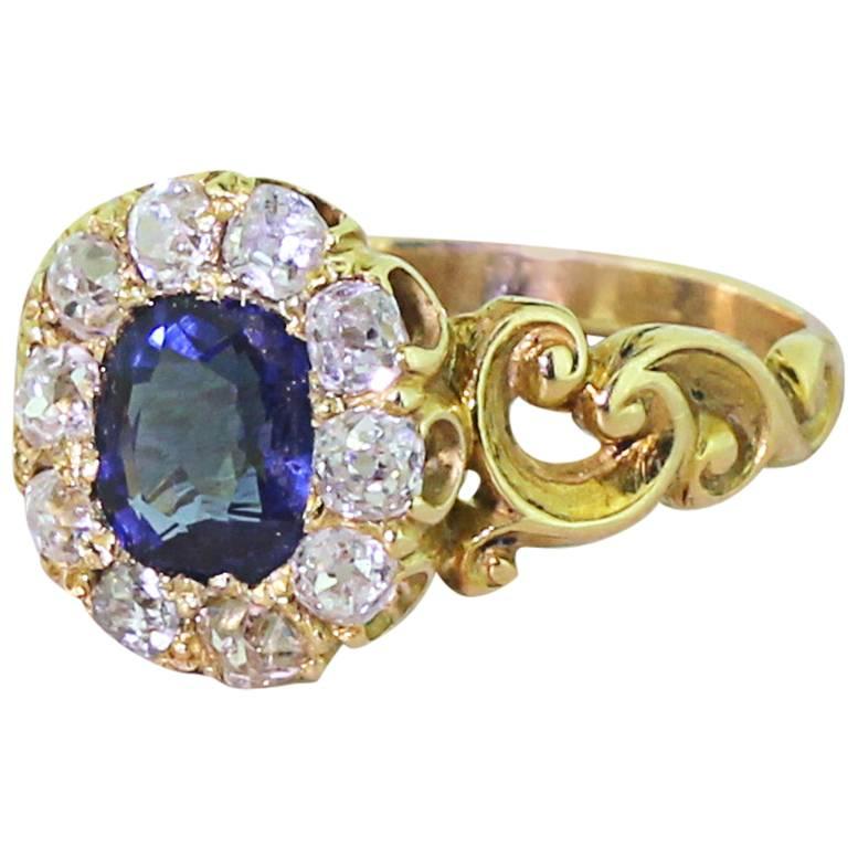Victorian Cushion Cut Sapphire & Old Cut Diamond Cluster Ring